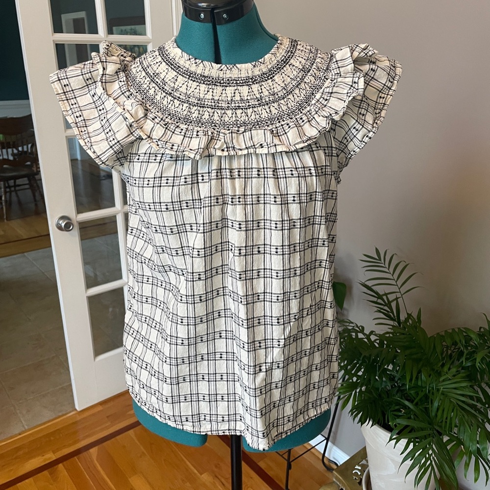 LOFT Plaid Ruffle Sleeve Top